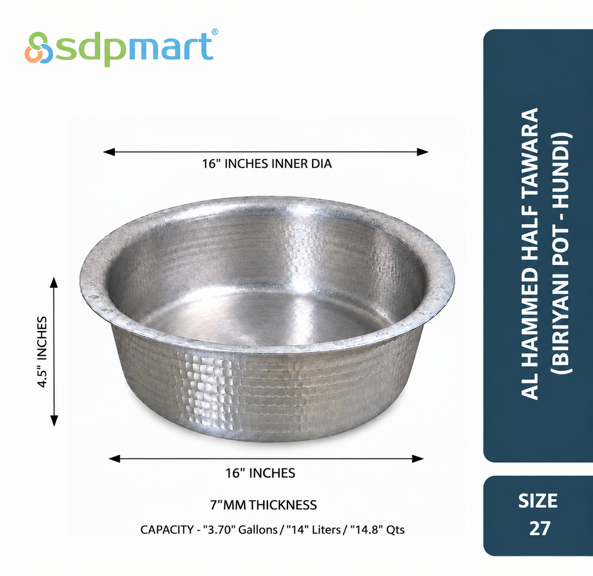 SDPMart Aluminum Hammed Half Tawara - (Biriyani Pot-Hundi)