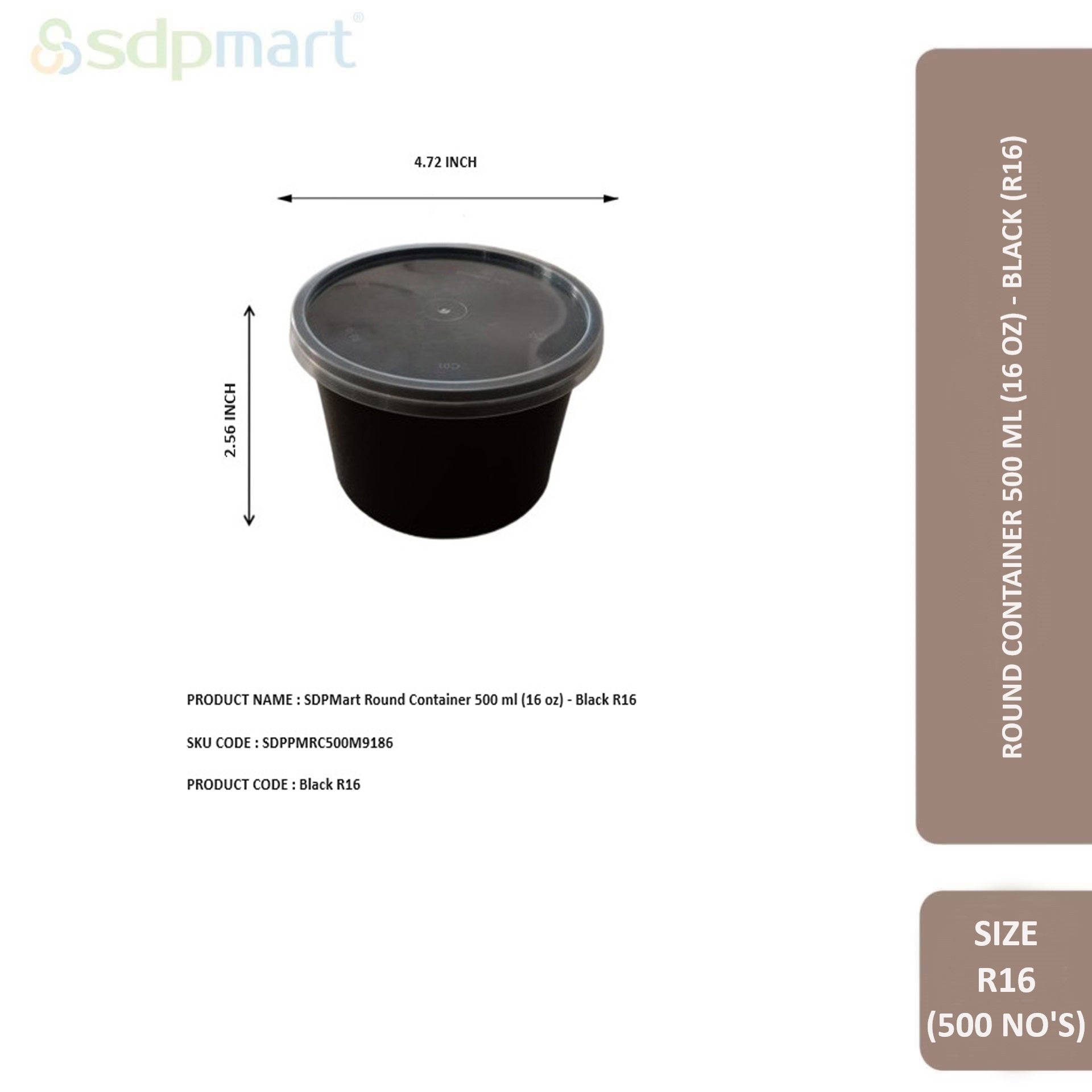 SDPMart Round Container 500 ml (16 oz) - Black R16